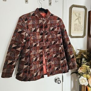 Vintage 90s Velvet Quilted Patchwork Patterned Jacket w/ Frog Closures